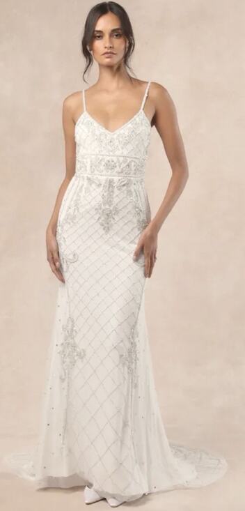 Dresses & Skirts - Lulus Luxe Bridal Ciella White Silver Beaded Mermaid Maxi Dress Wedding Gown M